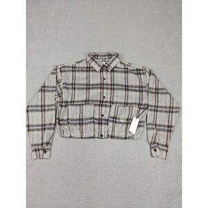 Honor The Gift Jacket Womens Large Blue Plaid Flannel Crop Short Bomber New